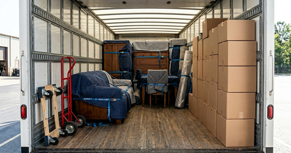 moving truck parked outside home representing movers cost huntsville al
